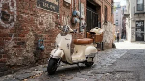 A vintage-inspired cruiser style electric scooter with seat for adults parked near a downtown brick wall.