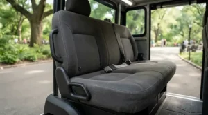 Close-up view highlighting the comfort of a cruiser style electric scooter with seat for adults on a paved path.