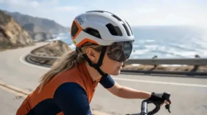 Aerodynamic full face helmet for electric sport bike riders tested during high speed coastal highway cruising.