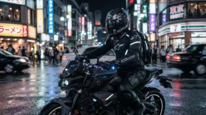 Reflective details on a full face helmet for electric sport bike riders during a night ride through illuminated city streets.