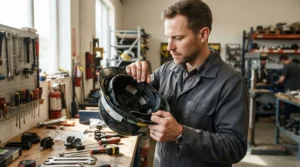 Certified safety features of a full face helmet for electric sport bike riders displayed at a gear inspection station.