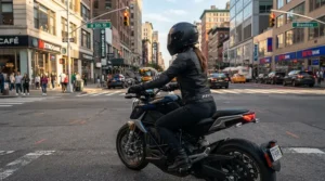 A sleek full face helmet for electric sport bike riders on a sleek modern motorcycle in a downtown city setting.