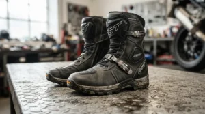 Detailed view of safety certified motorcycle riding boots for street fighter riders showing heavy duty construction and secure closure systems.