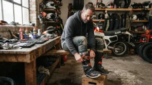 Rider lacing up durable motorcycle riding boots for street fighter riders before heading out for a weekend canyon run from the garage.