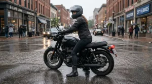 Rider stepping off a sport bike in the rain wearing waterproof motorcycle riding boots for street fighter riders designed for city commuting.