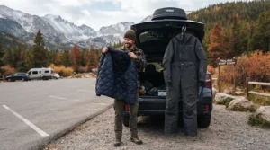 A rider holding the thermal inner layer next to a motorcycle riding jacket with armor for naked bike riders on a cool autumn morning.