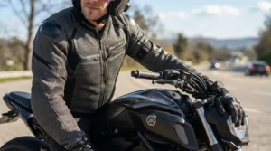 Close-up of a breathable motorcycle riding jacket with armor for naked bike riders showing airflow panels during a hot afternoon city ride.