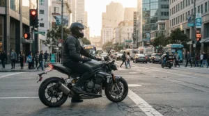 A motorcyclist wearing a motorcycle riding jacket with armor for naked bike riders while stopped at a downtown city intersection during morning rush hour.