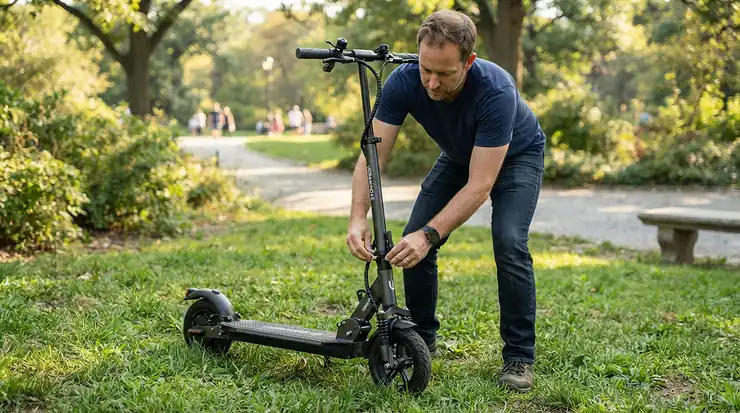 Adjusting the height of the handlebars on the safest electric scooter for kids in a backyard setting.