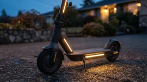 A parent helping a child prep the safest electric scooter for kids featuring bright LED safety lights at dusk.