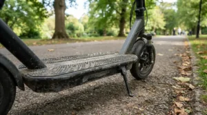 A close-up view of the textured non-slip deck on the safest electric scooter for kids at a local park.