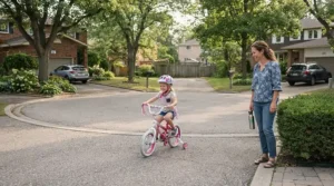 A mother watching her son ride the safest electric scooter for kids during a sunny weekend afternoon.