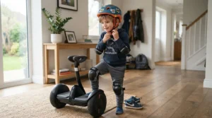 A child putting on a protective gear bundle alongside the safest electric scooter for kids in the garage.