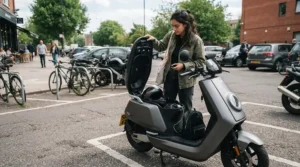 Rider checking the high-performance battery compartment of a sport bike style electric moped for adults