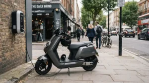 Plugged in and charging a sport bike style electric moped for adults at a public charging dock