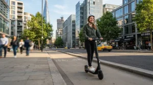 A commuter riding a sleek sport bike style electric moped for adults down a sunlit city street