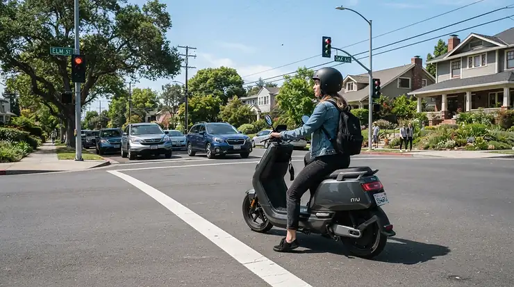 A sport bike style electric moped for adults stopped at a suburban intersection next to a street sign