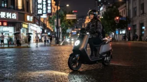 LED headlights glowing brightly on a sport bike style electric moped for adults during a night ride