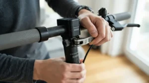 Close-up of a youth electric scooter showing the adjustable handlebars being set to a comfortable height.