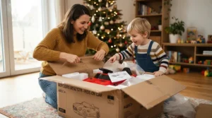 A parent and child unboxing an affordable youth electric scooter together on a living room rug.