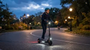 A teenager riding a youth electric scooter along a bike lane during twilight with LED lights glowing.