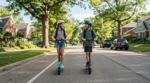 Friends hanging out together on a sunny weekend while riding their youth electric scooters.