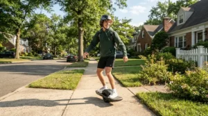 A teenager riding a youth electric scooter down a paved suburban sidewalk on a sunny afternoon.