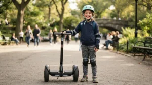 A smiling young rider wearing a helmet and knee pads while preparing to use a youth electric scooter.