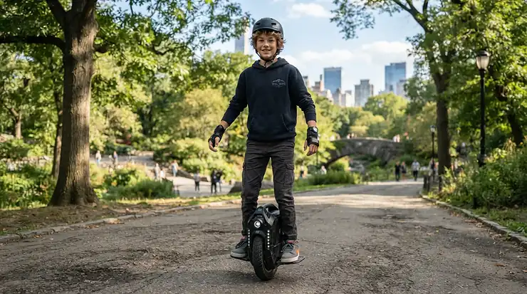 An older adolescent safely testing a sturdy youth electric scooter at a local neighborhood park.